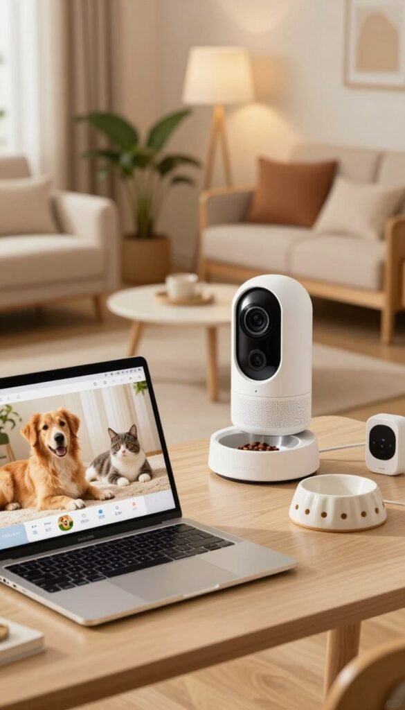 A cozy home office setup featuring a sleek camera system designed for pet monitoring. In the foreground, a stylish desk with a modern laptop displays a user-friendly interface for checking in on pets. A gently glowing screen illuminates a relaxed dog and cat lounging nearby. In the middle ground, a high-quality webcam is positioned to capture the pets' movements, surrounded by a small feeding station with stylish pet bowls and a temperature sensor. The background showcases a warm, inviting living room with soft lighting, plants, and plush furniture, creating a tranquil atmosphere. The scene should have natural, warm colors, embodying an authentic Pinterest aesthetic, without any text or branding. Include elements of the brand "TechKiste" subtly integrated into the camera design.