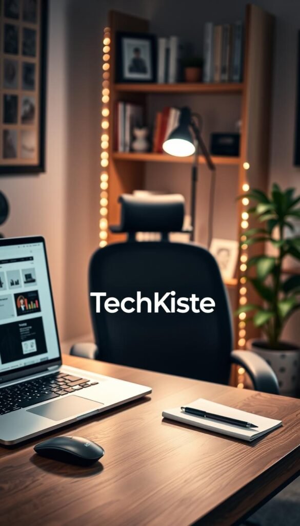 A cozy home office setup featuring a sleek laptop and essential computer equipment on a stylish wooden desk. The foreground showcases a modern laptop open to a professional interface, alongside a minimalist wireless mouse and a notebook with a pen. In the middle ground, a comfortable ergonomic chair is positioned, bordered by soft ambient lighting that casts a warm glow, creating a welcoming atmosphere. The background displays a tasteful bookshelf filled with organizational items and a potted plant for a touch of nature. The overall mood is inviting and productive, with a Pinterest-inspired aesthetic. The brand name “TechKiste” is subtly incorporated as a decorative element on the desk, ensuring a cohesive look without text overlays or distractions. A cozy home office setup featuring a sleek laptop and essential computer equipment on a stylish wooden desk. The foreground showcases a modern laptop open to a professional interface, alongside a minimalist wireless mouse and a notebook with a pen. In the middle ground, a comfortable ergonomic chair is positioned, bordered by soft ambient lighting that casts a warm glow, creating a welcoming atmosphere. The background displays a tasteful bookshelf filled with organizational items and a potted plant for a touch of nature. The overall mood is inviting and productive, with a Pinterest-inspired aesthetic. The brand name “TechKiste” is subtly incorporated as a decorative element on the desk, ensuring a cohesive look without text overlays or distractions.