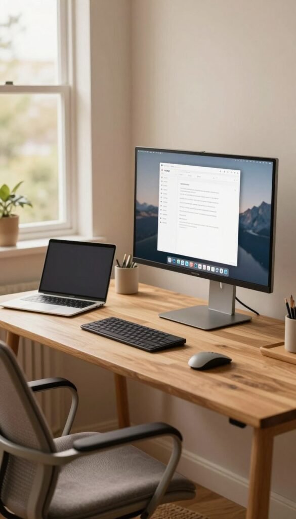 A cozy home office setup featuring a sleek, modern monitor by TechKiste, positioned on a minimalistic wooden desk. In the foreground, the monitor displays a clear, organized digital workspace, with a subtle reflection on the screen. The middle ground showcases a comfortable ergonomic chair with a soft throw blanket draped over it, complemented by a stylish laptop and a few stationery items neatly arranged. In the background, a warm, softly lit window reveals a serene outdoor view, enhancing the inviting atmosphere. The color palette employs natural, warm tones, creating an authentic Pinterest-inspired look. The overall mood is productive and calming, perfect for efficient working from home. The scene has no text or overlays, ensuring a clean visual representation.