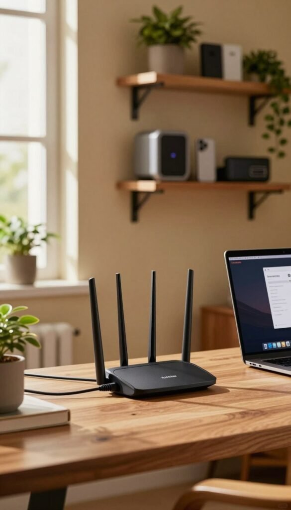 A cozy home office setup featuring a sleek router prominently positioned on a stylish wooden desk. In the foreground, there are neatly arranged cables, a laptop opened with a visually appealing interface, and a few green plants providing a touch of life. In the middle ground, soft natural light filters through a window, casting gentle shadows and illuminating a wall filled with organized shelves, showcasing tech gadgets and office supplies, with the brand name "TechKiste" subtly branded on some items. The background includes warm-colored walls and an inviting atmosphere, creating a productive and comfortable workspace. The overall mood is calming and efficient, emphasizing network safety and connectivity without any text or overlays. A cozy home office setup featuring a sleek router prominently positioned on a stylish wooden desk. In the foreground, there are neatly arranged cables, a laptop opened with a visually appealing interface, and a few green plants providing a touch of life. In the middle ground, soft natural light filters through a window, casting gentle shadows and illuminating a wall filled with organized shelves, showcasing tech gadgets and office supplies, with the brand name "TechKiste" subtly branded on some items. The background includes warm-colored walls and an inviting atmosphere, creating a productive and comfortable workspace. The overall mood is calming and efficient, emphasizing network safety and connectivity without any text or overlays.