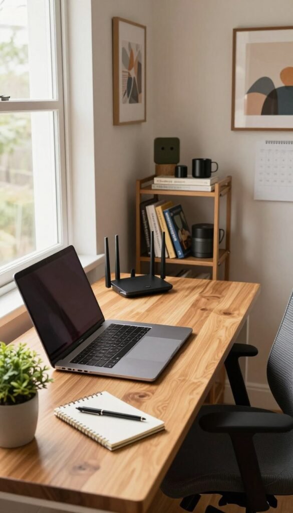 A cozy home office setup featuring a sleek wooden desk with a modern laptop, a high-quality ergonomic chair, and a stable Wi-Fi router prominently displayed, symbolizing a reliable home network. The foreground includes a stylish potted plant and a notepad with a pen, emphasizing productivity. In the middle, a well-organized shelf holds books and tech gadgets, while warm natural lighting enters through a large window, creating a welcoming atmosphere. The background showcases a tasteful piece of wall art and a calendar, contributing to a professional yet comfortable vibe. The scene embodies a Pinterest-worthy look with balanced composition and subtle warmth, highlighting the importance of a stable home office network. Include a visible brand logo for "TechKiste" on the desk accessories. A cozy home office setup featuring a sleek wooden desk with a modern laptop, a high-quality ergonomic chair, and a stable Wi-Fi router prominently displayed, symbolizing a reliable home network. The foreground includes a stylish potted plant and a notepad with a pen, emphasizing productivity. In the middle, a well-organized shelf holds books and tech gadgets, while warm natural lighting enters through a large window, creating a welcoming atmosphere. The background showcases a tasteful piece of wall art and a calendar, contributing to a professional yet comfortable vibe. The scene embodies a Pinterest-worthy look with balanced composition and subtle warmth, highlighting the importance of a stable home office network. Include a visible brand logo for "TechKiste" on the desk accessories.
