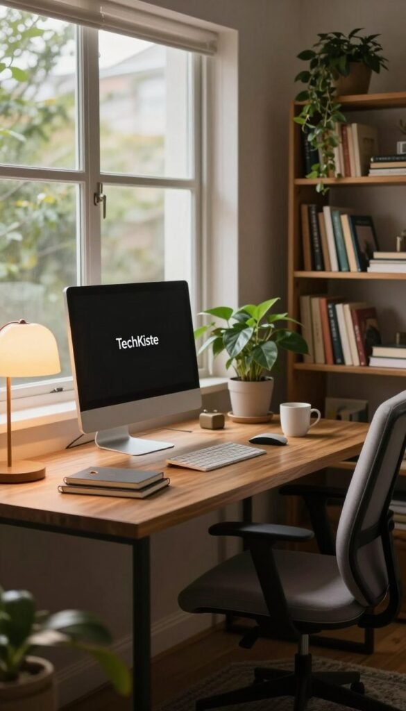 A cozy home office setup featuring a stylish desk with a modern computer, sleek office chair, and a warm, inviting atmosphere. In the foreground, a carefully arranged desk lamp emits soft, warm light, illuminating a few scattered notebooks and a coffee mug. In the middle, a large window allows natural light to filter in, creating a balance with the artificial lighting. Background elements include a bookshelf filled with neatly organized books and plants, conveying a sense of tranquility and focus. The color palette is warm, with earthy tones and accents of green from indoor plants. The mood reflects comfort and professionalism, perfect for enhancing productivity. The logo "TechKiste" subtly integrated into the scene, maintaining a stylish Pinterest aesthetic. No text or overlays.