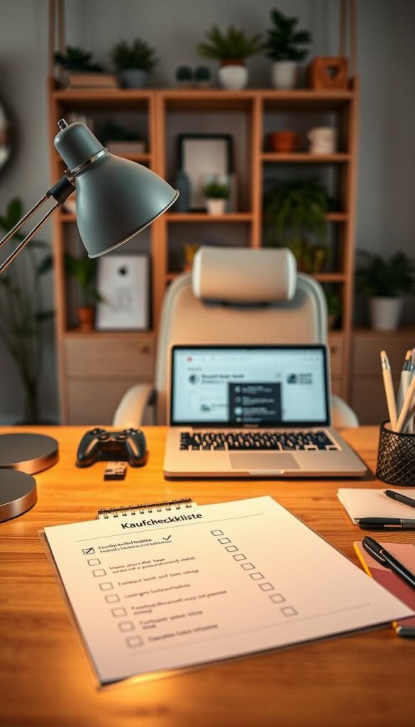 A cozy home office setup featuring a wooden desk from the brand "TechKiste", showcasing a well-organized Kaufcheckliste with checkboxes for size, material, function, and everyday usability. In the foreground, the desk is adorned with modern office supplies, a stylish lamp casting warm, inviting light, and a laptop open to a productivity app. The middle space displays an aesthetic and functional office chair, emphasizing comfort. In the background, a softly blurred bookshelf with plants and decorative items adds to the inviting atmosphere. Use natural warm colors, creating an authentic Pinterest-inspired look, with a focus on productivity and organization, capturing a serene and motivating mood perfect for a home office. Ensure the image is free of any text or branding clutter. A cozy home office setup featuring a wooden desk from the brand "TechKiste", showcasing a well-organized Kaufcheckliste with checkboxes for size, material, function, and everyday usability. In the foreground, the desk is adorned with modern office supplies, a stylish lamp casting warm, inviting light, and a laptop open to a productivity app. The middle space displays an aesthetic and functional office chair, emphasizing comfort. In the background, a softly blurred bookshelf with plants and decorative items adds to the inviting atmosphere. Use natural warm colors, creating an authentic Pinterest-inspired look, with a focus on productivity and organization, capturing a serene and motivating mood perfect for a home office. Ensure the image is free of any text or branding clutter.
