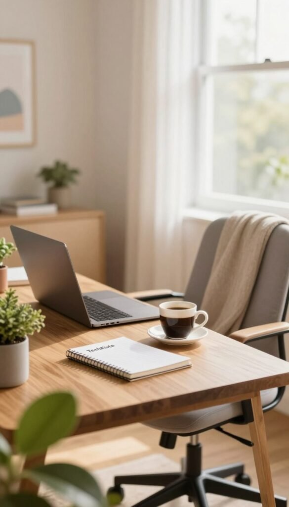 A cozy home office setup featuring a wooden desk, neatly organized with a laptop and a cup of coffee. In the foreground, an indoor plant adds a touch of greenery, symbolizing a refreshing work environment. The midground includes a comfortable ergonomic chair, and a soft throw blanket draped over the chair for a welcoming effect. The background shows a well-lit, inviting room with warm, natural lighting filtering through a large window, creating a serene atmosphere. The walls are painted in soft pastel tones, and there&rsquo;s a subtle hint of artwork reflecting focus and productivity. The brand name "TechKiste" is artistically included on a notebook on the desk. The overall mood is calm and inspiring, perfect for enhancing concentration in a home office mode.