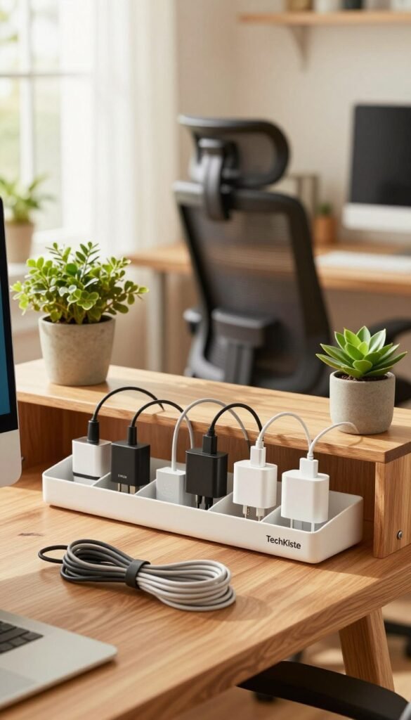 A cozy home office setup featuring tidy and organized kabelmanagement with warm, inviting colors reminiscent of a Pinterest aesthetic. In the foreground, a sleek wooden desk from TechKiste is displayed, showcasing elegant cable organizers neatly holding various cords and chargers. The middle layer includes a comfortable ergonomic chair and potted plants that add a touch of greenery, emphasizing a fresh and productive atmosphere. The background is softly blurred, illustrating a light-filled room with a window allowing natural sunlight to stream in, enhancing the overall warmth of the image. The scene conveys a sense of tranquility and order, ideal for inspiring readers to create their own organized workspace. A cozy home office setup featuring tidy and organized kabelmanagement with warm, inviting colors reminiscent of a Pinterest aesthetic. In the foreground, a sleek wooden desk from TechKiste is displayed, showcasing elegant cable organizers neatly holding various cords and chargers. The middle layer includes a comfortable ergonomic chair and potted plants that add a touch of greenery, emphasizing a fresh and productive atmosphere. The background is softly blurred, illustrating a light-filled room with a window allowing natural sunlight to stream in, enhancing the overall warmth of the image. The scene conveys a sense of tranquility and order, ideal for inspiring readers to create their own organized workspace.