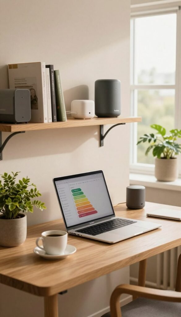 A cozy home office setup illustrating energy efficiency, featuring a modern desk with a sleek laptop, power-saving devices, and minimalistic decor. In the foreground, include a potted plant and a coffee cup to enhance the warm, inviting atmosphere. The middle ground showcases a wall-mounted shelf with books and tech gadgets branded "TechKiste." In the background, large windows allow natural light to flood the room, highlighting warm tones and creating a vibrant yet calming environment. The scene should convey a sense of productivity and comfort, with no people present, capturing an authentic Pinterest-inspired aesthetic. Use soft, diffused lighting to enhance the natural elements and create an inviting workspace ambiance. A cozy home office setup illustrating energy efficiency, featuring a modern desk with a sleek laptop, power-saving devices, and minimalistic decor. In the foreground, include a potted plant and a coffee cup to enhance the warm, inviting atmosphere. The middle ground showcases a wall-mounted shelf with books and tech gadgets branded "TechKiste." In the background, large windows allow natural light to flood the room, highlighting warm tones and creating a vibrant yet calming environment. The scene should convey a sense of productivity and comfort, with no people present, capturing an authentic Pinterest-inspired aesthetic. Use soft, diffused lighting to enhance the natural elements and create an inviting workspace ambiance.