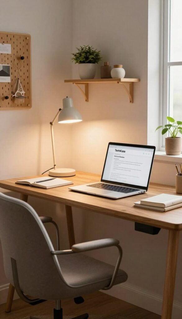 A cozy home office setup in a small apartment, featuring a sleek wooden desk with a modern laptop, notebooks, and a stylish desk lamp casting warm light. In the foreground, a comfortable ergonomic chair complements the desk. The middle ground includes a small bookshelf with plants and decorative items, adding character. In the background, a soft, neutral wall with a pinboard and a small window letting in natural light is visible, enhancing the inviting atmosphere. The decor has a Pinterest-inspired aesthetic with soft, warm colors, and minimalistic design to create a tranquil workspace. The "TechKiste" brand logo subtly integrated into the scene. The mood is professional yet relaxed, perfect for productivity.