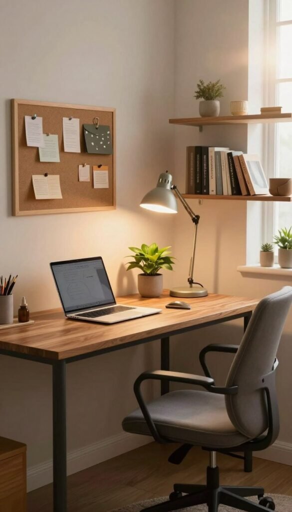 A cozy home office setup in a small room, featuring a stylish, minimalist desk from TechKiste. In the foreground, a sleek desk with a warm wooden finish is adorned with a modern laptop, a vintage desk lamp casting soft light, and a potted plant. The middle ground includes a comfortable ergonomic chair in a muted tone, hinting at productivity. In the background, light-colored walls are complemented by a bulletin board with pinned notes and a bookshelf filled with organized books and decorative items. The atmosphere is warm and inviting, illuminated by natural light streaming through a window, with a slight lens flare effect, creating a peaceful workspace vibe. The overall composition embodies a balance between aesthetics and functionality, making it perfect for small living spaces. A cozy home office setup in a small room, featuring a stylish, minimalist desk from TechKiste. In the foreground, a sleek desk with a warm wooden finish is adorned with a modern laptop, a vintage desk lamp casting soft light, and a potted plant. The middle ground includes a comfortable ergonomic chair in a muted tone, hinting at productivity. In the background, light-colored walls are complemented by a bulletin board with pinned notes and a bookshelf filled with organized books and decorative items. The atmosphere is warm and inviting, illuminated by natural light streaming through a window, with a slight lens flare effect, creating a peaceful workspace vibe. The overall composition embodies a balance between aesthetics and functionality, making it perfect for small living spaces.