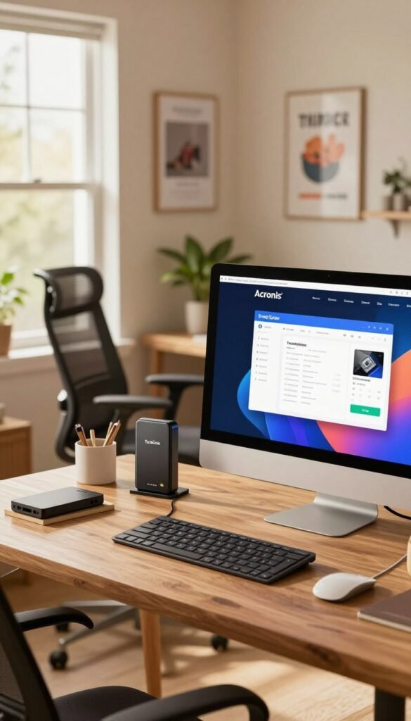 A cozy home office setup showcasing Acronis True Image in action. In the foreground, a modern desktop computer displays the Acronis True Image interface with vibrant graphics prominently featured. To the left, a stylish wooden desk holds a sleek external hard drive labeled "TechKiste," surrounded by neatly arranged office supplies. In the middle ground, a comfortable ergonomic chair invites productivity, while a large window lets in warm, natural light, creating a welcoming atmosphere. The background features light beige walls adorned with motivational posters and a potted plant, adding a touch of greenery. The overall composition should evoke a sense of security and organization, ideal for daily backup tasks, with soft focus bokeh effects blending seamlessly to enhance the mood.