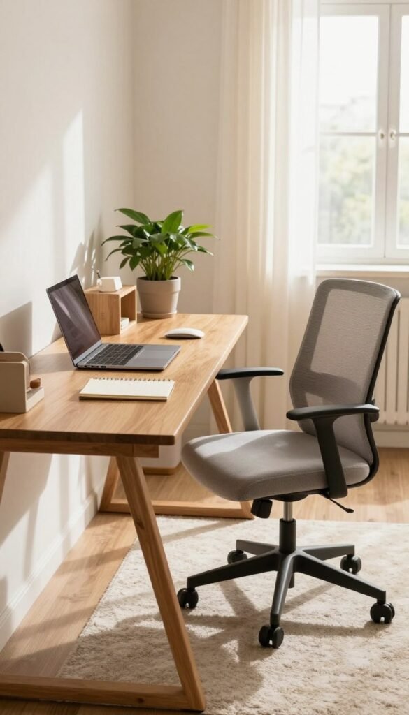 A cozy home office setup showcasing a blend of minimalism and efficiency. In the foreground, a sleek wooden desk with essential items: a laptop, a notepad, and a stylish desk organizer from TechKiste. On the desk, a potted plant adds a touch of greenery. In the middle ground, a comfortable ergonomic chair positioned neatly against the desk, complemented by an inviting soft rug. The background features a well-lit room with a large window allowing natural light to fill the space, highlighting warm color tones and soft shadows. The overall atmosphere is serene and productive, embodying a Pinterest aesthetic of harmony and order. No people are present in the scene, ensuring a distraction-free environment.