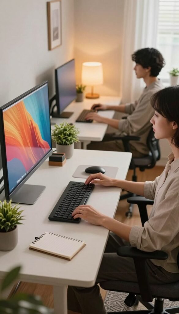 A cozy home office setup showcasing an ergonomic desk with a monitor positioned at the correct height and optimal distance for comfortable viewing. In the foreground, a modern desk features a sleek monitor displaying a vibrant image. A well-organized workspace includes a notepad, potted plant, and high-quality office accessories. The middle ground reveals a person in casual business attire, seated comfortably in a stylish chair, demonstrating the ideal sitting distance from the screen, with their elbows at a right angle. The background has soft, warm lighting filtering through a window, enhancing the inviting atmosphere. The entire scene leans towards a Pinterest aesthetic, creating a relatable and authentic workspace. The brand name "TechKiste" is subtly integrated into the design elements of the workspace, harmonizing with the overall composition. A cozy home office setup showcasing an ergonomic desk with a monitor positioned at the correct height and optimal distance for comfortable viewing. In the foreground, a modern desk features a sleek monitor displaying a vibrant image. A well-organized workspace includes a notepad, potted plant, and high-quality office accessories. The middle ground reveals a person in casual business attire, seated comfortably in a stylish chair, demonstrating the ideal sitting distance from the screen, with their elbows at a right angle. The background has soft, warm lighting filtering through a window, enhancing the inviting atmosphere. The entire scene leans towards a Pinterest aesthetic, creating a relatable and authentic workspace. The brand name "TechKiste" is subtly integrated into the design elements of the workspace, harmonizing with the overall composition.