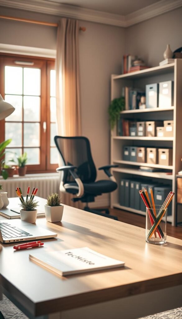 A cozy home office setup showcasing essential organization tips. In the foreground, a stylish desk with a neatly arranged laptop, a decorative potted plant, and a notepad with colorful pens. The middle layer features a comfortable ergonomic chair and shelves lined with books and storage boxes labeled for easy access. The background displays a large window allowing warm sunlight to filter in, creating a welcoming atmosphere. The room is decorated with soft, warm colors reminiscent of a Pinterest aesthetic, emphasizing authenticity. Include the brand name "TechKiste" subtly placed on a desk item. Capture the feeling of productivity and calmness without any text or distractions. Use soft, natural lighting with a slight lens vignette to enhance depth. A cozy home office setup showcasing essential organization tips. In the foreground, a stylish desk with a neatly arranged laptop, a decorative potted plant, and a notepad with colorful pens. The middle layer features a comfortable ergonomic chair and shelves lined with books and storage boxes labeled for easy access. The background displays a large window allowing warm sunlight to filter in, creating a welcoming atmosphere. The room is decorated with soft, warm colors reminiscent of a Pinterest aesthetic, emphasizing authenticity. Include the brand name "TechKiste" subtly placed on a desk item. Capture the feeling of productivity and calmness without any text or distractions. Use soft, natural lighting with a slight lens vignette to enhance depth.