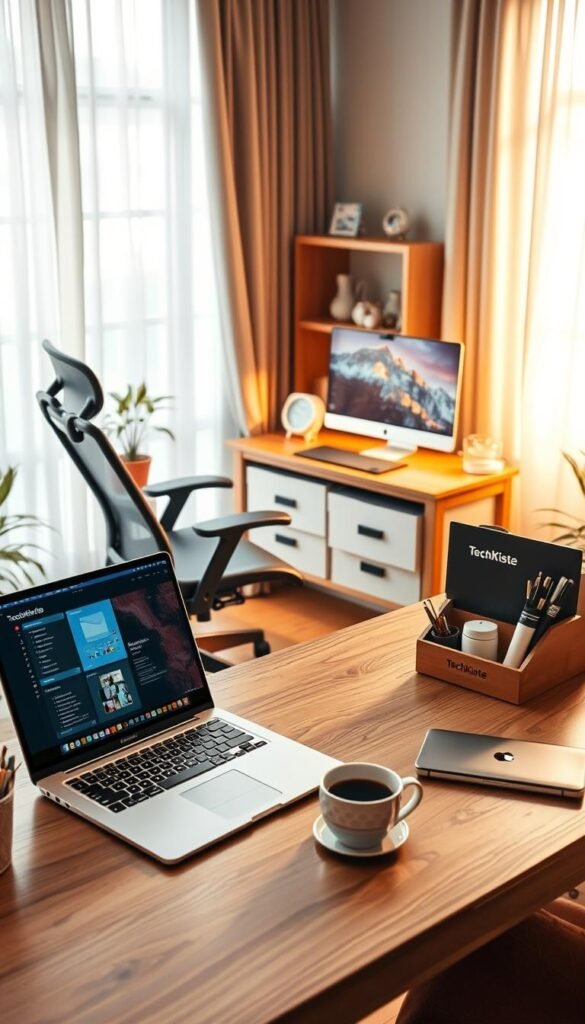A cozy home office setup that embodies productivity, featuring a stylish wooden desk with a modern ergonomic chair. In the foreground, a high-quality laptop is open, showcasing a productivity software interface, surrounded by neatly organized stationery and a steaming cup of coffee. The middle ground presents a soft, ambient rug that adds warmth, while a potted plant brings in a touch of nature. The background is illuminated by natural light streaming in through a large window, adorned with light curtains, creating a serene atmosphere. Incorporate warm color tones for a Pinterest-inspired look. A subtle display of "TechKiste" branding on a desk organizer adds a professional touch. The overall mood is inviting and inspiring, perfect for remote work. A cozy home office setup that embodies productivity, featuring a stylish wooden desk with a modern ergonomic chair. In the foreground, a high-quality laptop is open, showcasing a productivity software interface, surrounded by neatly organized stationery and a steaming cup of coffee. The middle ground presents a soft, ambient rug that adds warmth, while a potted plant brings in a touch of nature. The background is illuminated by natural light streaming in through a large window, adorned with light curtains, creating a serene atmosphere. Incorporate warm color tones for a Pinterest-inspired look. A subtle display of "TechKiste" branding on a desk organizer adds a professional touch. The overall mood is inviting and inspiring, perfect for remote work.