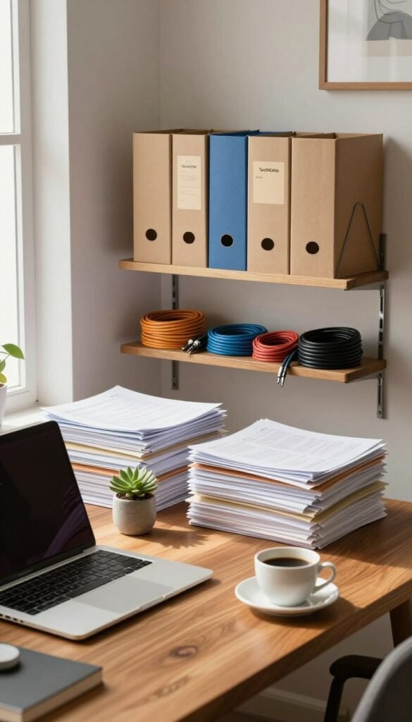 A cozy home office space featuring an organized desk with neatly stacked papers and folders, showcasing various types of documents and office supplies. In the foreground, a stylish, warm-toned wooden desk adorned with a sleek laptop, a decorative plant, and a cup of coffee sits against a backdrop of soft natural light filtering through a window. The middle layer captures a collection of neatly arranged cables, color-coded and bundled to eliminate clutter, while a wall-mounted shelf displays stylish floating folders labeled 'TechKiste.' In the background, there are subtle hints of a modern and minimalistic interior design, conveying an atmosphere of productivity and serenity. The overall mood is warm and inviting, emphasizing order and calm in a workspace.