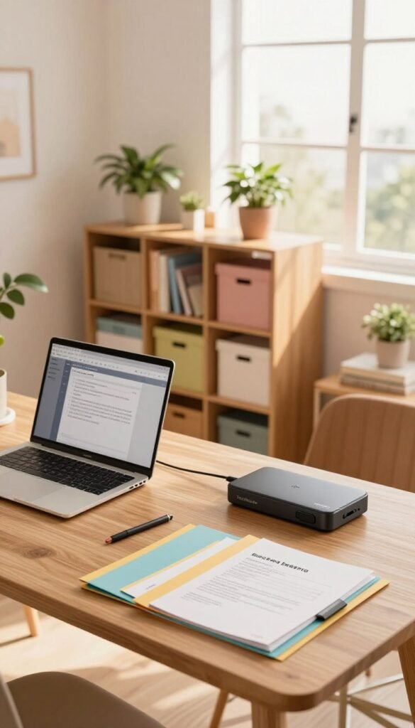 A cozy home office space showcasing an organized backup system. In the foreground, a sleek wooden desk with a modern laptop open and a stylish external hard drive labeled "TechKiste" nearby. Scattered neatly are colorful folders containing labeled documents. In the middle, a large bookshelf filled with tidy boxes for archiving, plants adding a touch of greenery. The background features a large window letting in soft, warm natural light, illuminating the room with a welcoming glow. The room exudes a calm and productive atmosphere, with pastel tones and warm colors enhancing the inviting Pinterest aesthetic. Camera angle set to capture the complete workspace while maintaining a focus on organized elements. No people visible in the image, ensuring a clean and professional look.
