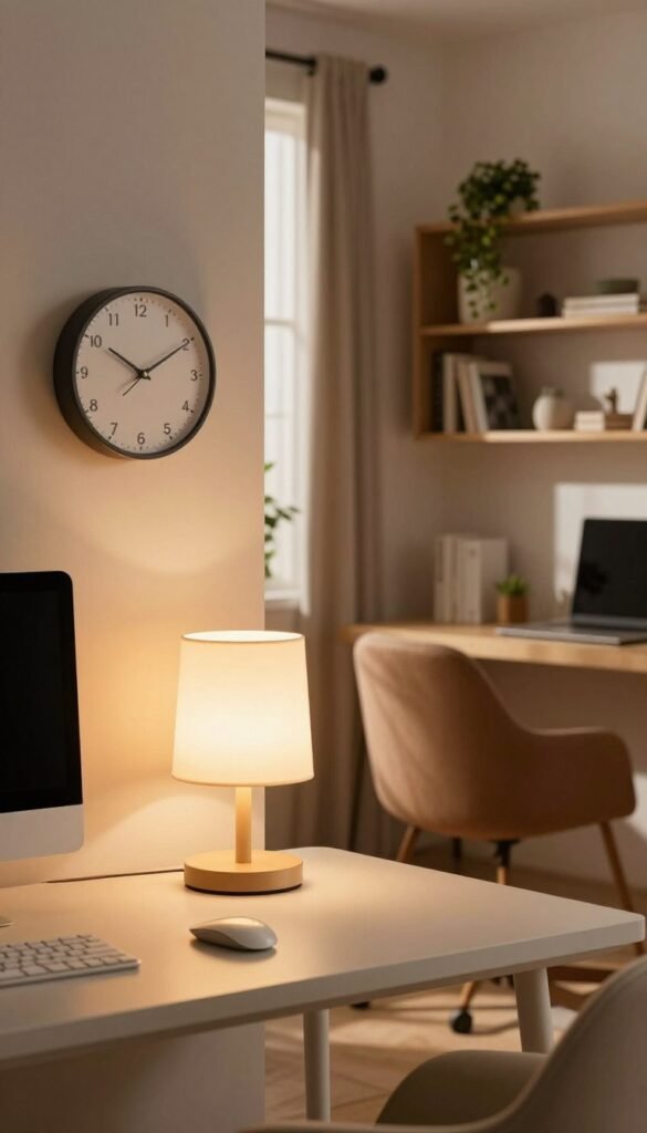 A cozy home office space showcasing innovative lighting solutions, emphasizing smart schedules and routines. In the foreground, a sleek desk with an elegant lamp glowing softly, casting warm light. A wall clock ticks gently, symbolizing time management. The middle ground features a comfortable chair and open window with natural sunlight streaming in, enhancing the inviting atmosphere. In the background, a modern bookshelf displayed with greenery and decorative items, creating a Pinterest-inspired aesthetic. The color palette consists of warm hues, promoting a sense of calm and productivity. The scene is captured with a slightly upward angle, providing depth. The overall mood is serene and focused, perfectly illustrating the concept of using light intentionally, fostering a productive environment. TechKiste branding is subtly integrated into the design elements without overt display.