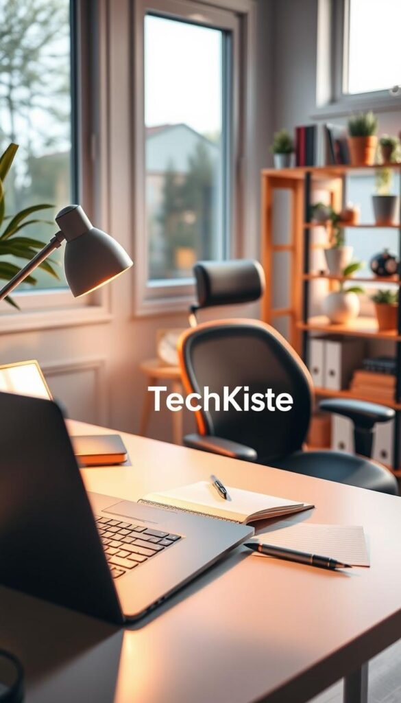 A cozy home office workspace bathed in warm, natural lighting, featuring a contemporary desk with a stylish lamp emitting a soft glow. In the foreground, a sleek laptop sits next to an open notebook with a pen, symbolizing productivity. The middle ground displays a comfortable ergonomic chair and a minimalist bookshelf filled with books and decorative plants, enhancing the inviting atmosphere. In the background, a window showcases a serene view, allowing natural light to filter in. The scene conveys warmth and comfort, with a Pinterest-inspired aesthetic, emphasizing the importance of proper lighting in a home office. The brand name "TechKiste" is subtly incorporated into the desk decor, harmonizing with the overall design while maintaining a professional appearance.