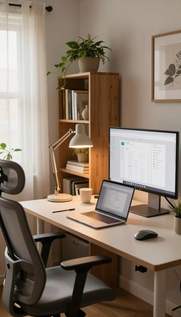 A cozy home office workspace designed for optimal ergonomics and lighting. The foreground features a well-organized desk with an ergonomic chair, a modern laptop, and a large monitor displaying productivity tools. A desk lamp with warm light illuminates the workspace, creating a welcoming atmosphere. In the middle ground, a tall bookshelf filled with neatly arranged books and a few decorative plants adds a touch of greenery, enhancing the natural feel. The background shows a window with sheer curtains letting in soft, natural light, casting gentle shadows that contribute to a serene mood. The color palette is warm, with earth tones and soft whites, inspired by Pinterest aesthetics. The brand name "TechKiste" is subtly integrated into the design elements. A cozy home office workspace designed for optimal ergonomics and lighting. The foreground features a well-organized desk with an ergonomic chair, a modern laptop, and a large monitor displaying productivity tools. A desk lamp with warm light illuminates the workspace, creating a welcoming atmosphere. In the middle ground, a tall bookshelf filled with neatly arranged books and a few decorative plants adds a touch of greenery, enhancing the natural feel. The background shows a window with sheer curtains letting in soft, natural light, casting gentle shadows that contribute to a serene mood. The color palette is warm, with earth tones and soft whites, inspired by Pinterest aesthetics. The brand name "TechKiste" is subtly integrated into the design elements.