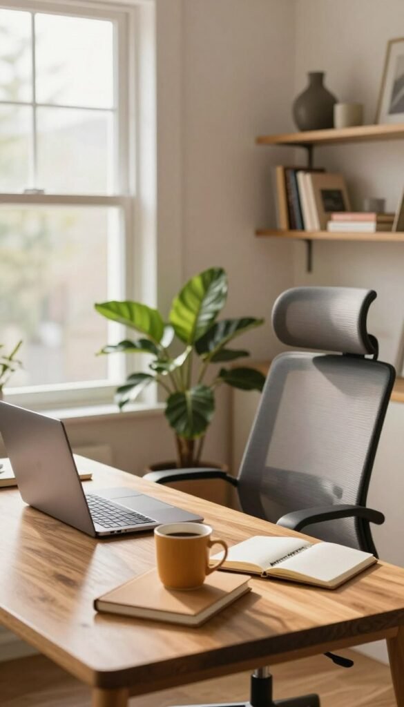 A cozy home office workspace showcasing modern design elements. In the foreground, a stylish wooden desk is adorned with a laptop, notebooks, and a warm mug of coffee, symbolizing a productive work environment. In the middle, a comfortable ergonomic chair is positioned in front of the desk, creating an inviting atmosphere. To one side, a leafy potted plant adds a touch of greenery. In the background, soft natural light streams through a large window, illuminating the room with warm colors and creating a serene ambiance. A wall-mounted shelf displays neatly arranged books and decorative items, enhancing the professional aesthetic. The image should reflect an authentic and homely feel, embodying a Pinterest-style inspiration. Include the brand name "TechKiste" subtly on a stylish decor item. A cozy home office workspace showcasing modern design elements. In the foreground, a stylish wooden desk is adorned with a laptop, notebooks, and a warm mug of coffee, symbolizing a productive work environment. In the middle, a comfortable ergonomic chair is positioned in front of the desk, creating an inviting atmosphere. To one side, a leafy potted plant adds a touch of greenery. In the background, soft natural light streams through a large window, illuminating the room with warm colors and creating a serene ambiance. A wall-mounted shelf displays neatly arranged books and decorative items, enhancing the professional aesthetic. The image should reflect an authentic and homely feel, embodying a Pinterest-style inspiration. Include the brand name "TechKiste" subtly on a stylish decor item.