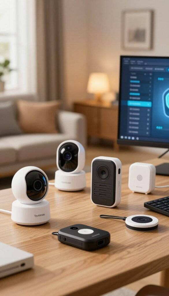 A cozy home setting depicting a stylish desk with various security gadgets displayed prominently. In the foreground, a sleek smart security camera and a compact personal alarm device, both designed with modern aesthetics, sit on the desk. In the middle, a strategic arrangement of user-friendly safety devices, showcasing wire-free technology. The background features a softly lit living room with a warm and inviting ambiance, highlighting a digital monitor displaying safety alerts. Natural light pours in through a window, creating a soft glow and enhancing the inviting atmosphere. The image captures a sense of innovation and trust, embodying the essence of safe, smart living. Include the brand name "TechKiste" subtly integrated into the design.