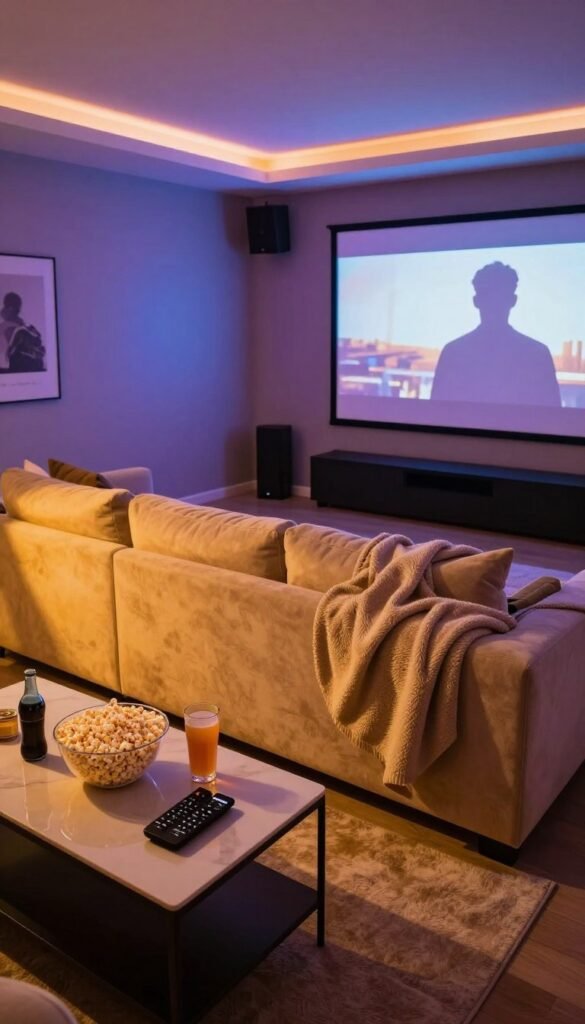 A cozy home theater setup designed for a movie night, featuring a large, plush sectional sofa draped with soft, textured blankets. Warm, ambient lighting casts a golden glow, with smart LED strips illuminating the walls in soft hues of blue and purple. In the foreground, a stylish coffee table holds popcorn, drinks, and a neatly arranged remote labeled "TechKiste." In the background, a large screen displays a classic film silhouette. The atmosphere is inviting and relaxed, evoking a sense of comfort and convenience. The scene is shot from a slightly elevated angle, showcasing the depth of the room while capturing the intimate ambiance perfect for a smart home movie night experience. A cozy home theater setup designed for a movie night, featuring a large, plush sectional sofa draped with soft, textured blankets. Warm, ambient lighting casts a golden glow, with smart LED strips illuminating the walls in soft hues of blue and purple. In the foreground, a stylish coffee table holds popcorn, drinks, and a neatly arranged remote labeled "TechKiste." In the background, a large screen displays a classic film silhouette. The atmosphere is inviting and relaxed, evoking a sense of comfort and convenience. The scene is shot from a slightly elevated angle, showcasing the depth of the room while capturing the intimate ambiance perfect for a smart home movie night experience.