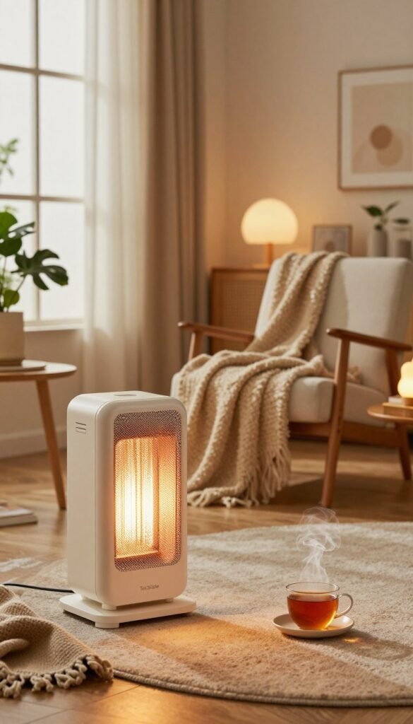 A cozy indoor scene showcasing various heating gadgets designed for targeted warmth. In the foreground, a sleek, modern electric heater with a minimalist design emits a soft, golden glow, radiating warmth. Beside it, a stylish throw blanket and a steaming mug of tea create a welcoming ambiance. In the middle, a comfortable chair draped with a woolen blanket, complemented by ambient lighting from a nearby lamp. The background features a tastefully decorated room with warm colors, large windows allowing gentle natural light, and houseplants adding life. The overall mood is serene and inviting, with a Pinterest-inspired aesthetic. The brand name "TechKiste" subtly integrated into the scene, emphasizing innovation in energy-saving warmth solutions.
