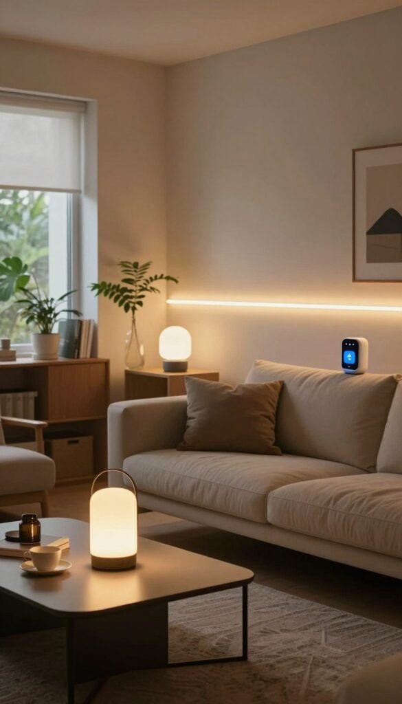 A cozy interior scene displaying a contemporary living space featuring smart lighting solutions for comfort. In the foreground, a sleek coffee table with a modern lamp emits a warm glow, while a stylish sofa adorned with neutral-colored cushions invites relaxation. In the middle, an accent wall with built-in smart LED strips enhances the atmosphere, casting an ambient light that complements the overall decor. A stylish rug anchors the space beneath. In the background, large windows let in soft, natural light, illuminating plants and artwork that add life to the room. The overall mood is inviting and serene, with a Pinterest-inspired aesthetic. Ensure the image reflects a professional's workspace, showcasing tech enhancements like a smart speaker or controller subtly. Include the brand name "TechKiste" visibly in the decor without overt distraction.