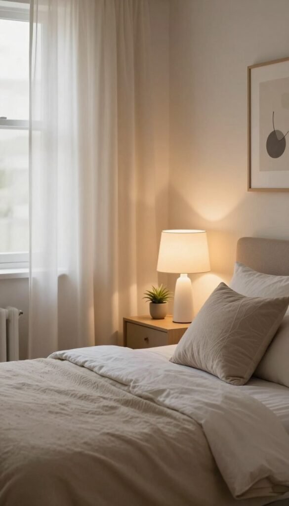 A cozy, inviting bedroom inspired by a Pinterest aesthetic, featuring warm, soft lighting ideal for creating a calming atmosphere. In the foreground, a neatly made bed with plush, neutral bedding and stylish decorative pillows invites relaxation. On one side, a modern bedside table holds a sleek, warm white table lamp casting a gentle glow, with a small potted plant beside it for a touch of nature. In the middle ground, a curtain softly billows with a hint of natural light filtering through a window, enhancing the tranquil mood. In the background, a simple yet elegant art piece hangs on the wall, complementing the color palette. The overall ambiance is peaceful and therapeutic, reflecting the essence of TechKiste&rsquo;s recommended lighting setups for bedrooms.