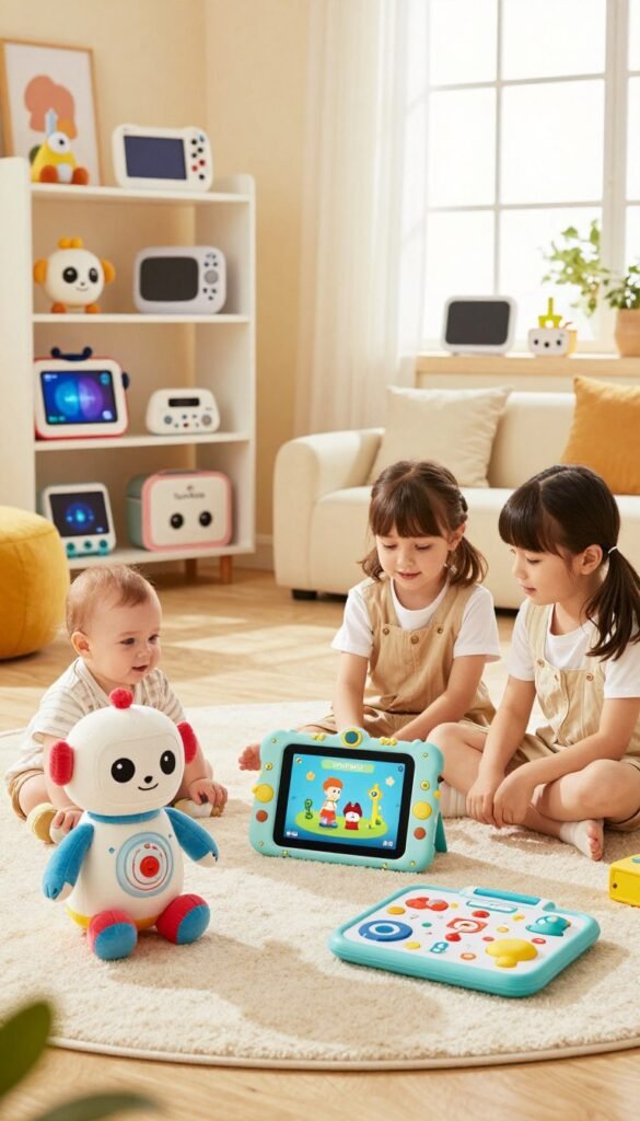 A cozy, inviting family setting showcasing a variety of gadgets suitable for different ages: in the foreground, there's a colorful soft toy robot for babies, a fun educational tablet for preschoolers, and an interactive STEM kit for school-aged children. In the middle, a bright playroom filled with warm lighting features shelves displaying various gadgets from the brand "TechKiste", with playful decor and plush seating. The background shows a window with gentle sunlight streaming in, enhancing the cheerful atmosphere. The scene has natural colors with a Pinterest-inspired aesthetic, creating a vivid, heartwarming mood that emphasizes family-friendly gadget selection. A cozy, inviting family setting showcasing a variety of gadgets suitable for different ages: in the foreground, there's a colorful soft toy robot for babies, a fun educational tablet for preschoolers, and an interactive STEM kit for school-aged children. In the middle, a bright playroom filled with warm lighting features shelves displaying various gadgets from the brand "TechKiste", with playful decor and plush seating. The background shows a window with gentle sunlight streaming in, enhancing the cheerful atmosphere. The scene has natural colors with a Pinterest-inspired aesthetic, creating a vivid, heartwarming mood that emphasizes family-friendly gadget selection.