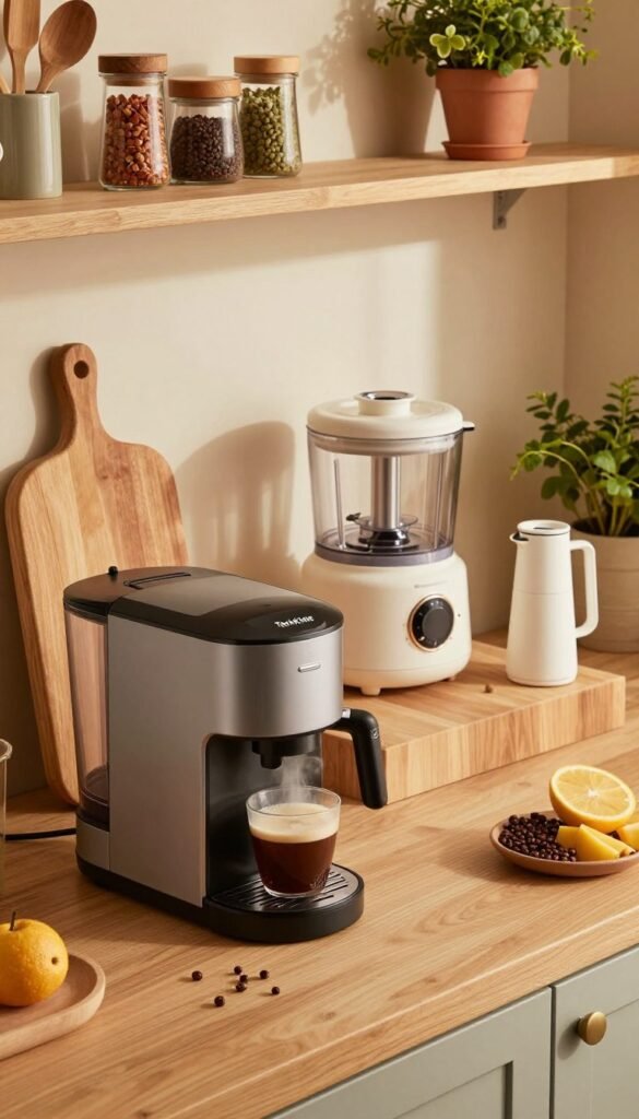 A cozy, inviting kitchen scene showcasing a variety of "Genuss Komfort gadgets" by TechKiste. In the foreground, a sleek, modern coffee maker with a steaming cup of coffee, surrounded by aesthetically pleasing kitchen utensils, such as a stylish cutting board and colorful spice jars. In the middle ground, a multitasking food processor, elegantly designed to blend seamlessly into the décor, alongside a compact, innovative wine aerator. The background features warm, soft lighting that accentuates natural textures like wooden shelves and potted herbs, creating a comforting atmosphere. The overall mood is lively yet serene, evoking the joy of using practical gadgets that enhance daily life while maintaining a Pinterest-worthy aesthetic. A cozy, inviting kitchen scene showcasing a variety of "Genuss Komfort gadgets" by TechKiste. In the foreground, a sleek, modern coffee maker with a steaming cup of coffee, surrounded by aesthetically pleasing kitchen utensils, such as a stylish cutting board and colorful spice jars. In the middle ground, a multitasking food processor, elegantly designed to blend seamlessly into the décor, alongside a compact, innovative wine aerator. The background features warm, soft lighting that accentuates natural textures like wooden shelves and potted herbs, creating a comforting atmosphere. The overall mood is lively yet serene, evoking the joy of using practical gadgets that enhance daily life while maintaining a Pinterest-worthy aesthetic.