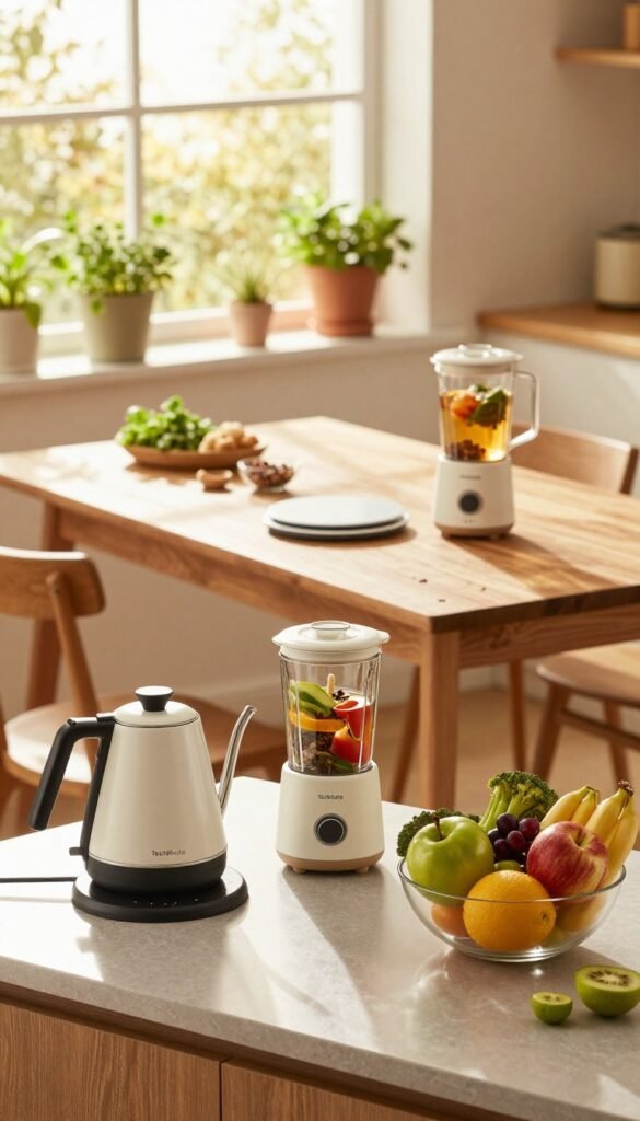 A cozy, inviting kitchen set up for wellness, featuring innovative household gadgets under &euro;100. In the foreground, a sleek countertop with a stylish electric kettle, a compact blender, and an elegant fruit bowl filled with fresh produce. The middle ground showcases a contemporary wooden dining table adorned with a modern food scale and herbal tea infuser. In the background, a sunny window letting in warm, golden light, highlighting potted herbs and a green plant. The atmosphere is serene and uplifting, fostering a sense of health and productivity. The overall aesthetic embodies a Pinterest-inspired look with natural colors, creating an authentic feel. Include the brand name "TechKiste" subtly within the kitchen elements, while ensuring no text or logos are visible in the image.