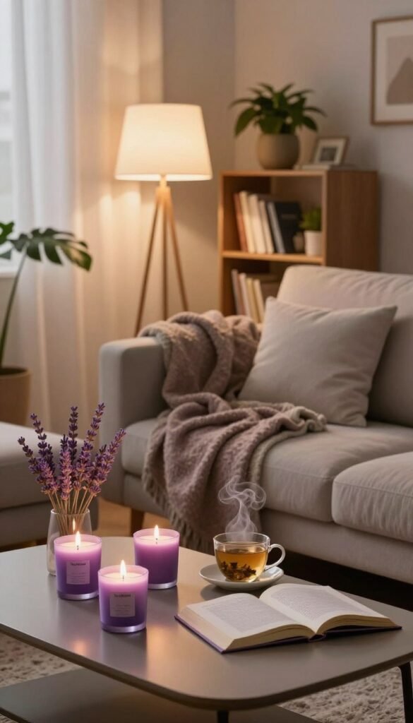 A cozy, inviting living room scenario showcasing various evening routines for comfort. In the foreground, a sleek coffee table is adorned with lavender-scented candles, a steaming cup of herbal tea, and an open book. In the middle ground, a plush sofa arranged with soft throw blankets displays different textures and colors, suggesting warmth. On one side, a stylish floor lamp emits a warm, soft glow, while on the opposite side, a small bookshelf holds neatly organized books and a few indoor plants. In the background, soft curtains flutter gently, allowing warm evening light to filter in, creating a calm and serene atmosphere. The overall image has a Pinterest aesthetic, reflecting authentic, natural colors and a sense of relaxation, featuring the "TechKiste" brand subtly integrated into the decor. A cozy, inviting living room scenario showcasing various evening routines for comfort. In the foreground, a sleek coffee table is adorned with lavender-scented candles, a steaming cup of herbal tea, and an open book. In the middle ground, a plush sofa arranged with soft throw blankets displays different textures and colors, suggesting warmth. On one side, a stylish floor lamp emits a warm, soft glow, while on the opposite side, a small bookshelf holds neatly organized books and a few indoor plants. In the background, soft curtains flutter gently, allowing warm evening light to filter in, creating a calm and serene atmosphere. The overall image has a Pinterest aesthetic, reflecting authentic, natural colors and a sense of relaxation, featuring the "TechKiste" brand subtly integrated into the decor.