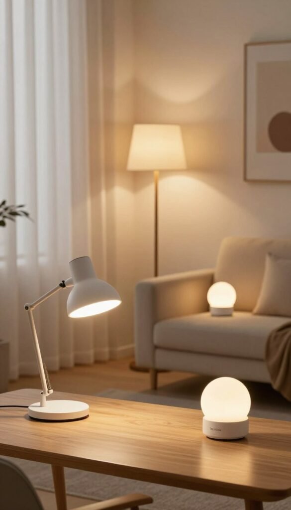 A cozy, inviting living room scene featuring an array of stylish, modern lamps that embody smart lighting technology. In the foreground, a sleek, adjustable desk lamp radiates warm, soft light, illuminating a minimalist wooden desk adorned with a smart home device. In the middle, a contemporary floor lamp with a warm glow stands beside a plush sofa, accented with smart LED bulb colors. The background reveals a softly lit wall with abstract art, complemented by sheer curtains that diffuse the natural light coming in from a window. The atmosphere conveys comfort and innovation, showcasing the product line of "TechKiste". Everything is arranged harmoniously to evoke a sense of ease and modern elegance, with no text or distractions in the image. A cozy, inviting living room scene featuring an array of stylish, modern lamps that embody smart lighting technology. In the foreground, a sleek, adjustable desk lamp radiates warm, soft light, illuminating a minimalist wooden desk adorned with a smart home device. In the middle, a contemporary floor lamp with a warm glow stands beside a plush sofa, accented with smart LED bulb colors. The background reveals a softly lit wall with abstract art, complemented by sheer curtains that diffuse the natural light coming in from a window. The atmosphere conveys comfort and innovation, showcasing the product line of "TechKiste". Everything is arranged harmoniously to evoke a sense of ease and modern elegance, with no text or distractions in the image.