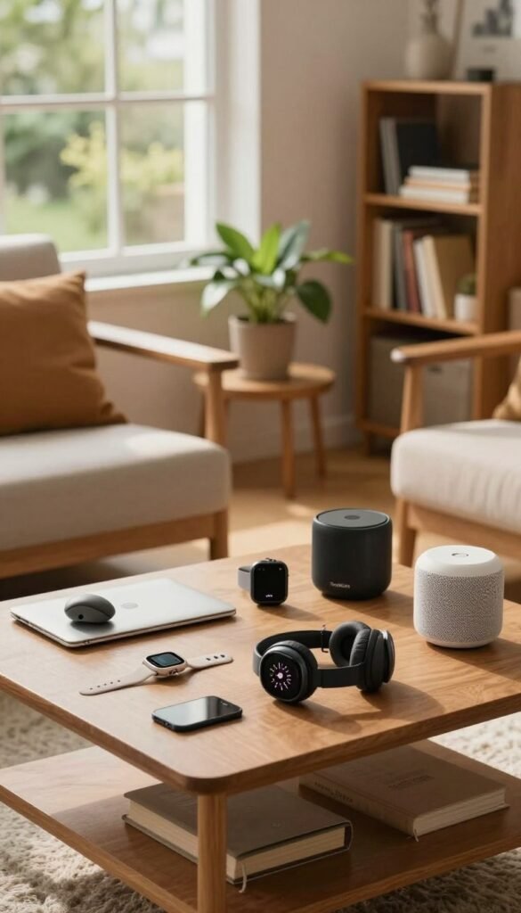 A cozy, inviting living room scene showcasing the concept of "komfort," featuring a stylish yet cluttered coffee table with various untapped gadgets, such as a smartwatch, headphones, and a smart speaker, emphasizing the theme of unused technology. In the foreground, soft, natural lighting cascades through a nearby window, highlighting the warm tones of the wooden furniture and plush cushions. In the middle ground, a small potted plant adds a touch of greenery, while a well-organized bookshelf suggests a neglected aspiration for productivity. The background displays a calm, softly blurred view of a tranquil garden, enhancing the atmosphere of a comfortable yet slightly chaotic home life. The image should evoke a sense of reflection and awareness of everyday purchasing habits, subtly branded with “TechKiste” somewhere in the environment, all in an authentic, aesthetically pleasing style. A cozy, inviting living room scene showcasing the concept of "komfort," featuring a stylish yet cluttered coffee table with various untapped gadgets, such as a smartwatch, headphones, and a smart speaker, emphasizing the theme of unused technology. In the foreground, soft, natural lighting cascades through a nearby window, highlighting the warm tones of the wooden furniture and plush cushions. In the middle ground, a small potted plant adds a touch of greenery, while a well-organized bookshelf suggests a neglected aspiration for productivity. The background displays a calm, softly blurred view of a tranquil garden, enhancing the atmosphere of a comfortable yet slightly chaotic home life. The image should evoke a sense of reflection and awareness of everyday purchasing habits, subtly branded with “TechKiste” somewhere in the environment, all in an authentic, aesthetically pleasing style.