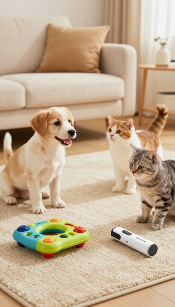 A cozy, inviting living room setting featuring interactive dog and cat toys from the brand TechKiste, thoughtfully arranged on a soft, warm-toned area rug. In the foreground, a colorful interactive puzzle toy designed for dogs sits beside a sleek, modern laser pointer for cats, both showcasing engaging designs that spark curiosity. In the middle, a playful puppy and a curious kitten interact with the toys, their expressions lively and joyful, embodying the concept of fun and engagement without constant entertainment. The background features a comfortable couch with pet-safe cushions and subtle decorative elements, bathed in soft, natural lighting that creates a warm and inviting atmosphere. The overall mood conveys harmony, playfulness, and the joy of pet companionship, evoking a Pinterest-like aesthetic without any text or overlays.