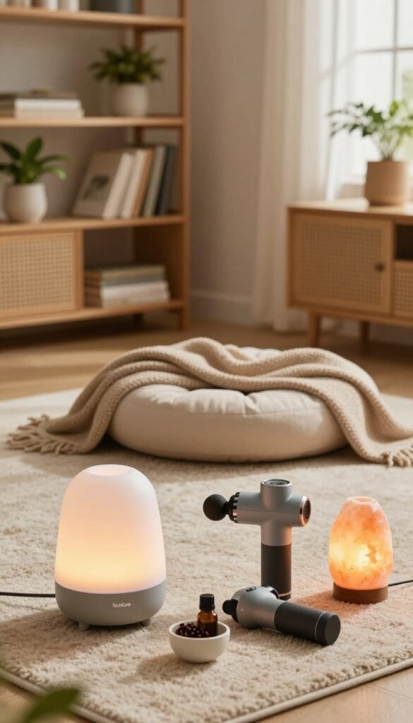 A cozy, inviting room filled with various wellness gadgets designed to reduce stress and enhance relaxation. In the foreground, showcase a sleek, modern aromatherapy diffuser with soft, colored lights and a small bowl of essential oils. Next, a stylish, portable massage gun and a calming Himalayan salt lamp. In the middle, a comfortable meditation cushion on a plush rug with a gentle throw blanket casually draped over it. The background features warm wooden shelves adorned with potted plants and calming wellness books. Natural light filters in through a window, casting soft shadows and creating a serene atmosphere. Incorporate the brand name “TechKiste” subtly within the scene, ensuring it blends harmoniously with the design. The overall mood is peaceful, warm, and inviting, reminiscent of a Pinterest-inspired aesthetic. A cozy, inviting room filled with various wellness gadgets designed to reduce stress and enhance relaxation. In the foreground, showcase a sleek, modern aromatherapy diffuser with soft, colored lights and a small bowl of essential oils. Next, a stylish, portable massage gun and a calming Himalayan salt lamp. In the middle, a comfortable meditation cushion on a plush rug with a gentle throw blanket casually draped over it. The background features warm wooden shelves adorned with potted plants and calming wellness books. Natural light filters in through a window, casting soft shadows and creating a serene atmosphere. Incorporate the brand name “TechKiste” subtly within the scene, ensuring it blends harmoniously with the design. The overall mood is peaceful, warm, and inviting, reminiscent of a Pinterest-inspired aesthetic.
