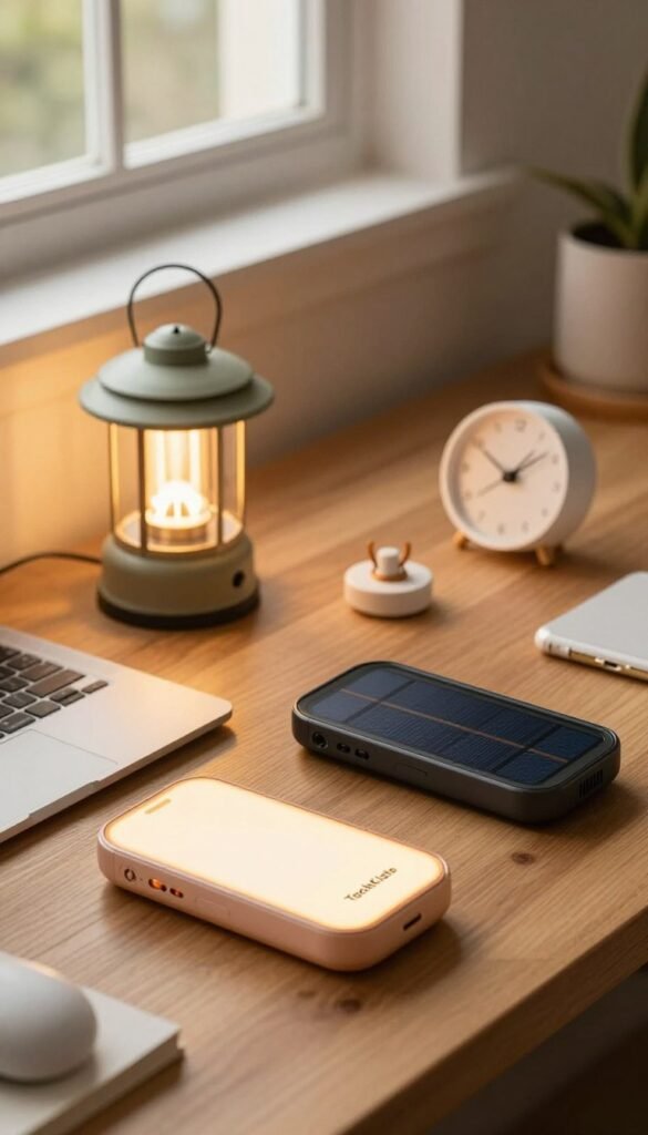 A cozy, inviting workspace featuring various stylish stromlose gadgets arranged neatly on a wooden desk. In the foreground, there's a sleek, portable gadget with a warm glow, hinting at its capabilities, alongside a modern solar-powered charger. In the middle, an assortment of gadgets like a compact lantern and a stylish clock is thoughtfully placed, showcasing their innovative designs. The background features soft, natural light streaming through a window, illuminating the space with warm colors, creating a Pinterest-inspired aesthetic. The brand name "TechKiste" is subtly integrated into the design of one gadget, harmonizing with the overall look. The atmosphere is warm and inspiring, promoting a sense of creativity and sustainability. A cozy, inviting workspace featuring various stylish stromlose gadgets arranged neatly on a wooden desk. In the foreground, there's a sleek, portable gadget with a warm glow, hinting at its capabilities, alongside a modern solar-powered charger. In the middle, an assortment of gadgets like a compact lantern and a stylish clock is thoughtfully placed, showcasing their innovative designs. The background features soft, natural light streaming through a window, illuminating the space with warm colors, creating a Pinterest-inspired aesthetic. The brand name "TechKiste" is subtly integrated into the design of one gadget, harmonizing with the overall look. The atmosphere is warm and inspiring, promoting a sense of creativity and sustainability.