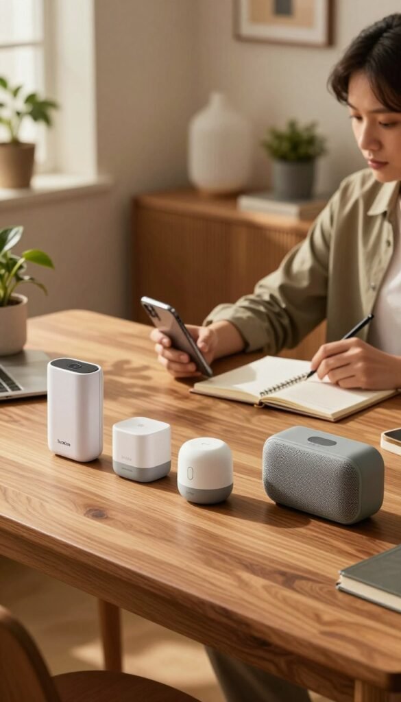 A cozy, inviting workspace showcasing a selection of gadgets under 100 euros, perfect for finding the right device. In the foreground, a stylish wooden desk features neatly arranged gadgets such as a portable charger, smart home devices, and a compact Bluetooth speaker. In the middle, a person in professional attire thoughtfully examines a gadget while taking notes, suggesting research and deliberation. The background shows a warm, softly lit room with plants and modern decor, adding a welcoming ambiance. Soft sunlight streams through a nearby window, creating a natural glow that highlights the gadgets' sleek designs. The entire scene conveys a sense of discovery and personal connection to technology, with a subtle brand presence of "TechKiste" on a visible gadget.