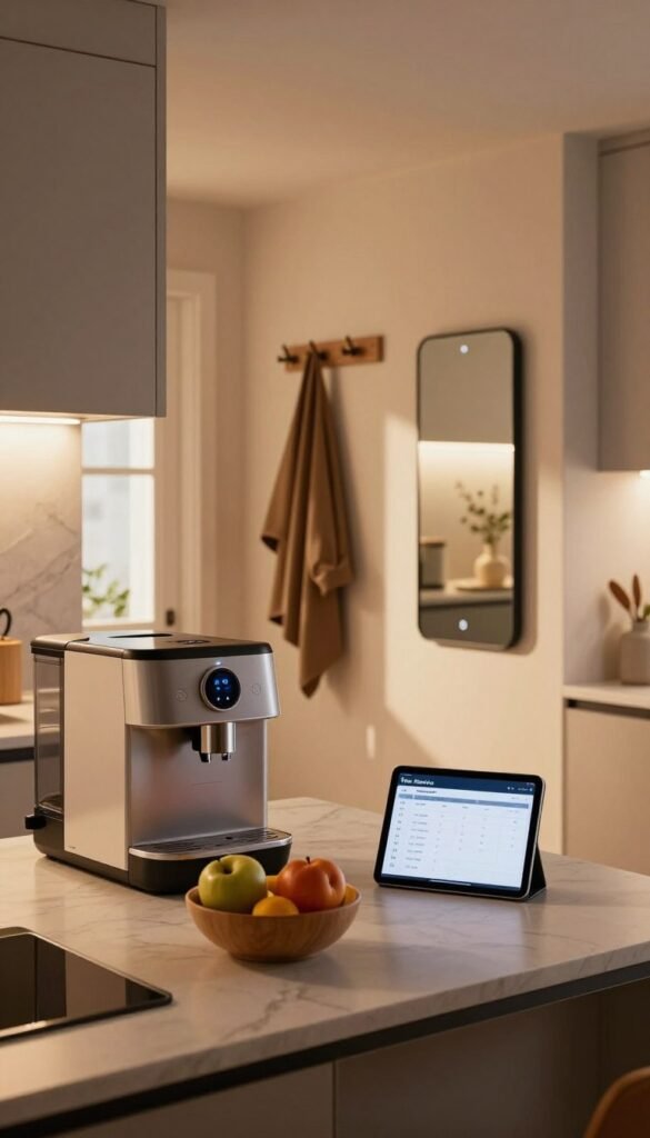 A cozy kitchen and hallway scene that embodies the essence of a smart home morning routine. In the foreground, a stylish, modern kitchen island features a sleek, integrated smart coffee machine and a bowl of fresh fruit. A tablet rests on the countertop, displaying a morning schedule. In the middle, the hallway showcases smart lighting that gradually brightens, illuminating a neatly organized space with hooks for coats and a smart mirror reflecting the warm, inviting atmosphere. The background reveals a window allowing soft, natural light to pour in, highlighting warm colors and a Pinterest-worthy aesthetic. The overall mood is calm and organized, suggesting efficiency and ease. The brand "TechKiste" can be subtly factored into the kitchen's design elements, like the smart appliances, emphasizing modern convenience.