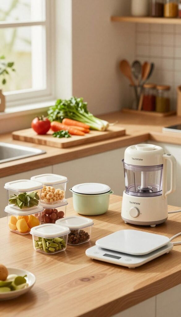 A cozy kitchen scene featuring a variety of compact kitchen gadgets from the brand "TechKiste" that promote stress-free cooking and reduce food waste. In the foreground, include a neatly arranged set of colorful food storage solutions, a sleek food processor, and a multifunctional kitchen scale. The middle ground showcases a bamboo cutting board with fresh vegetables and herbs, illuminated by warm, natural lighting coming from a nearby window. In the background, a glimpse of shelves filled with neatly organized spices and utensils, completing the inviting atmosphere. The overall mood reflects warmth and efficiency, with a Pinterest-worthy aesthetic, showcasing functional gadgets that enhance the cooking experience. A cozy kitchen scene featuring a variety of compact kitchen gadgets from the brand "TechKiste" that promote stress-free cooking and reduce food waste. In the foreground, include a neatly arranged set of colorful food storage solutions, a sleek food processor, and a multifunctional kitchen scale. The middle ground showcases a bamboo cutting board with fresh vegetables and herbs, illuminated by warm, natural lighting coming from a nearby window. In the background, a glimpse of shelves filled with neatly organized spices and utensils, completing the inviting atmosphere. The overall mood reflects warmth and efficiency, with a Pinterest-worthy aesthetic, showcasing functional gadgets that enhance the cooking experience.