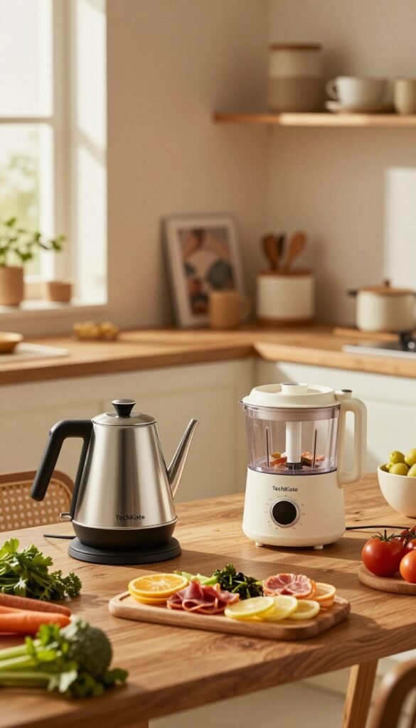 A cozy kitchen scene featuring small, innovative kitchen gadgets that enhance daily comfort and enjoyment. In the foreground, display a sleek, modern electric kettle and a compact food processor, both from the brand "TechKiste", surrounded by fresh herbs and colorful vegetables. In the middle, a rustic wooden table holds a beautifully arranged charcuterie board, accented with warm, natural lighting to create an inviting atmosphere. The background features soft-focus shelves lined with stylish kitchenware and cookbooks, bathed in gentle daylight streaming through a window, casting subtle shadows. The overall mood is warm and welcoming, embodying the essence of kitchen convenience and culinary pleasure, without any text or clutter in the image. A cozy kitchen scene featuring small, innovative kitchen gadgets that enhance daily comfort and enjoyment. In the foreground, display a sleek, modern electric kettle and a compact food processor, both from the brand "TechKiste", surrounded by fresh herbs and colorful vegetables. In the middle, a rustic wooden table holds a beautifully arranged charcuterie board, accented with warm, natural lighting to create an inviting atmosphere. The background features soft-focus shelves lined with stylish kitchenware and cookbooks, bathed in gentle daylight streaming through a window, casting subtle shadows. The overall mood is warm and welcoming, embodying the essence of kitchen convenience and culinary pleasure, without any text or clutter in the image.