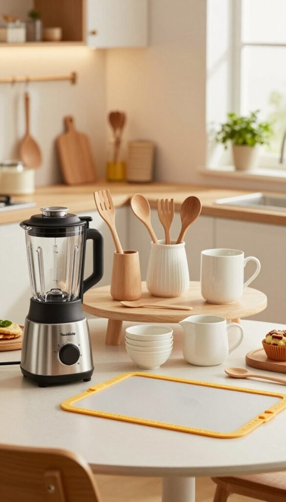 A cozy kitchen setting with a table displaying various family-friendly gadgets, organized by material and size. In the foreground, a sleek stainless steel blender alongside a colorful silicone baking mat, emphasizing easy cleaning. The middle layer showcases a variety of utensils made from natural wood, ceramic, and BPA-free plastic, artfully arranged. The background features soft lighting illuminating a modern home environment, with warm tones that create an inviting atmosphere. A subtle hint of greenery, like potted herbs on a windowsill, enhances the authenticity of the space. The brand name "TechKiste" is subtly integrated into the design of one gadget, adding a touch of professionalism. The image should have a Pinterest aesthetic, emphasizing warmth and family-friendly vibes without any text or overlays. A cozy kitchen setting with a table displaying various family-friendly gadgets, organized by material and size. In the foreground, a sleek stainless steel blender alongside a colorful silicone baking mat, emphasizing easy cleaning. The middle layer showcases a variety of utensils made from natural wood, ceramic, and BPA-free plastic, artfully arranged. The background features soft lighting illuminating a modern home environment, with warm tones that create an inviting atmosphere. A subtle hint of greenery, like potted herbs on a windowsill, enhances the authenticity of the space. The brand name "TechKiste" is subtly integrated into the design of one gadget, adding a touch of professionalism. The image should have a Pinterest aesthetic, emphasizing warmth and family-friendly vibes without any text or overlays.