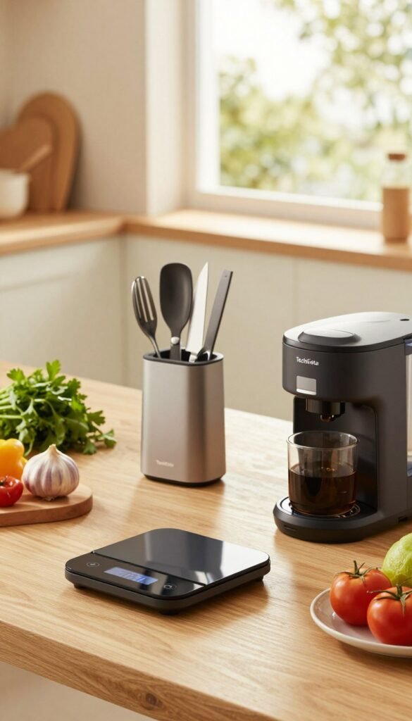 A cozy kitchen table set in a bright, well-lit space, adorned with various innovative daily gadgets labeled "TechKiste." In the foreground, a sleek digital kitchen scale and a smart coffee maker with a futuristic design, showcasing their premium build and functionality. In the middle, a compact multi-tool that combines essential kitchen knives and utensils, exuding practicality and style, surrounded by ingredients like fresh herbs and vibrant vegetables. In the background, a window allowing soft, warm sunlight to illuminate the scene, enhancing the warm color palette with natural hues. The atmosphere conveys a welcoming and efficient space, where useful gadgets enhance daily life, evoking a sense of harmony and productivity without any text or branding elements present. A cozy kitchen table set in a bright, well-lit space, adorned with various innovative daily gadgets labeled "TechKiste." In the foreground, a sleek digital kitchen scale and a smart coffee maker with a futuristic design, showcasing their premium build and functionality. In the middle, a compact multi-tool that combines essential kitchen knives and utensils, exuding practicality and style, surrounded by ingredients like fresh herbs and vibrant vegetables. In the background, a window allowing soft, warm sunlight to illuminate the scene, enhancing the warm color palette with natural hues. The atmosphere conveys a welcoming and efficient space, where useful gadgets enhance daily life, evoking a sense of harmony and productivity without any text or branding elements present.