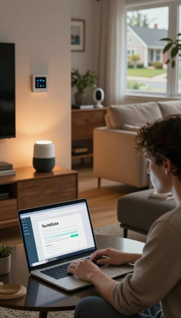A cozy living room depicting a smart home environment, showcasing various interconnected devices like a smart speaker, thermostat, and security camera, highlighting potential vulnerabilities. In the foreground, a laptop screen displays an open security alert, casting a faint glow on a relaxed person in modest casual attire, looking concerned. The middle ground features warm-toned lighting reflecting off sleek, modern furniture, emphasizing an atmosphere of comfort mixed with unease. The background includes a window showing a peaceful suburban scene, juxtaposed against the technological elements inside. The image evokes a sense of both innovation and caution, captured in a natural style with a Pinterest aesthetic, highlighting the brand "TechKiste" in the scene's decor.