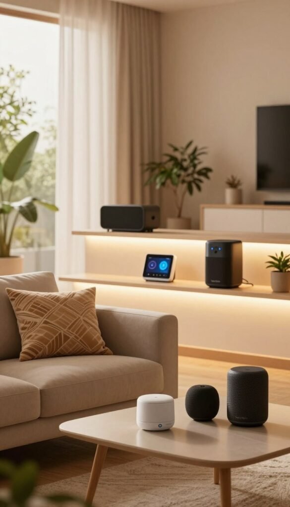 A cozy living room designed for a "Guest Mode" atmosphere, showcasing smart automation features for lighting, music, and temperature. In the foreground, a stylish sofa with decorative cushions and a sleek coffee table adorned with modern tech devices and smart speakers, all in warm, inviting colors. The middle layer features ambient smart lighting subtly illuminating the room, highlighting features like a smart thermostat and speakers integrated seamlessly into the decor. In the background, large windows allow soft, natural light to filter through sheer curtains, creating a welcoming, relaxing vibe. The room is filled with greenery, adding a touch of nature. Capture this inviting space with a warm, soft-focus lens effect to enhance the atmosphere of comfort and technology. TechKiste branding elements subtly integrated into the design.