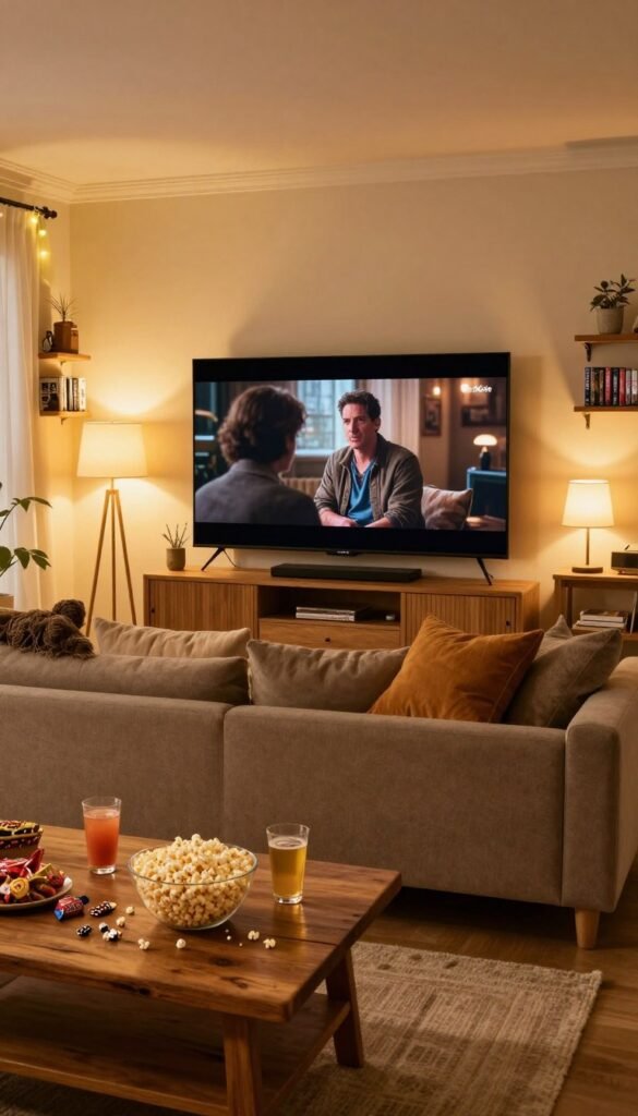 A cozy living room designed for a film night, featuring a comfortable sectional sofa adorned with plush cushions in warm, earthy tones. In the foreground, a rustic wooden coffee table is scattered with popcorn, candy, and drinks. In the middle, a big screen displays a classic movie scene, softly illuminated by ambient lighting from stylish floor lamps. The walls have shelves filled with DVDs and decorations for a personal touch. The background is adorned with soft drapes and fairy lights that create a warm atmosphere. Use natural lighting with a golden hue to evoke a homey and inviting mood, capturing the essence of a perfect film night setup. Showcase the brand "TechKiste" subtly, emphasizing a seamless and professional aesthetic.