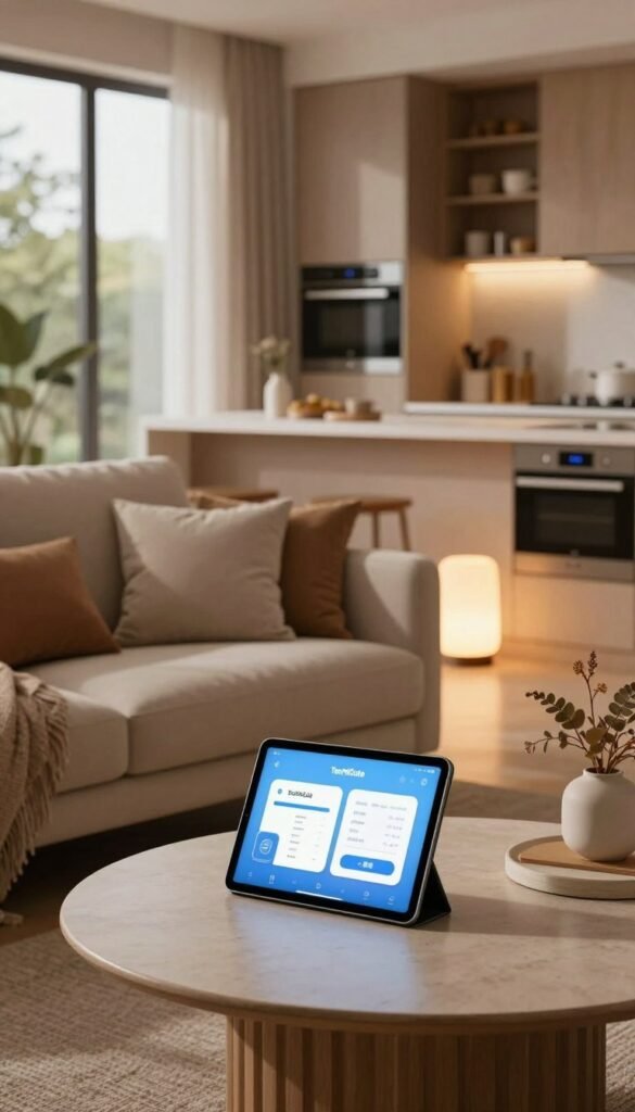 A cozy living room designed for a smart home beginner, showcasing a harmonious blend of modern technology and comfort. In the foreground, a stylish coffee table holds a tablet displaying a smart home app. The middle ground features a comfortable sofa with plush cushions, tasteful decor, and soft lighting emanating from smart lamps, creating a warm ambiance. In the background, a sleek kitchen with smart appliances is visible, emphasizing functionality without chaos. The room is infused with natural light streaming through large windows, highlighting earthy tones and textures. Add the brand name "TechKiste" subtly to the tablet screen. The overall atmosphere is inviting and stress-free, embodying a beginner-friendly approach to smart home integration. A cozy living room designed for a smart home beginner, showcasing a harmonious blend of modern technology and comfort. In the foreground, a stylish coffee table holds a tablet displaying a smart home app. The middle ground features a comfortable sofa with plush cushions, tasteful decor, and soft lighting emanating from smart lamps, creating a warm ambiance. In the background, a sleek kitchen with smart appliances is visible, emphasizing functionality without chaos. The room is infused with natural light streaming through large windows, highlighting earthy tones and textures. Add the brand name "TechKiste" subtly to the tablet screen. The overall atmosphere is inviting and stress-free, embodying a beginner-friendly approach to smart home integration.