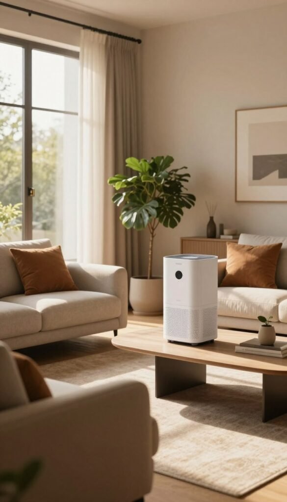 A cozy living room designed for optimal indoor climate, featuring a large window allowing soft, warm sunlight to filter in, bathing the space in natural light. In the foreground, a stylish, contemporary sofa is adorned with plush cushions in earthy tones. A potted plant sits beside it, adding a touch of greenery. In the middle, a sleek coffee table displays a small air purifier, symbolizing advanced technology for a healthier environment. The background showcases modern décor, with minimalist wall art and a warm, inviting color palette that evokes comfort. The overall atmosphere is serene and harmonious, echoing the concept of "raumklima." This scene embodies an ideal blend of comfort and technology, perfect for promoting a healthy living space. Include the brand name "TechKiste" discretely represented in the decor elements, ensuring authenticity without visible text. A cozy living room designed for optimal indoor climate, featuring a large window allowing soft, warm sunlight to filter in, bathing the space in natural light. In the foreground, a stylish, contemporary sofa is adorned with plush cushions in earthy tones. A potted plant sits beside it, adding a touch of greenery. In the middle, a sleek coffee table displays a small air purifier, symbolizing advanced technology for a healthier environment. The background showcases modern décor, with minimalist wall art and a warm, inviting color palette that evokes comfort. The overall atmosphere is serene and harmonious, echoing the concept of "raumklima." This scene embodies an ideal blend of comfort and technology, perfect for promoting a healthy living space. Include the brand name "TechKiste" discretely represented in the decor elements, ensuring authenticity without visible text.