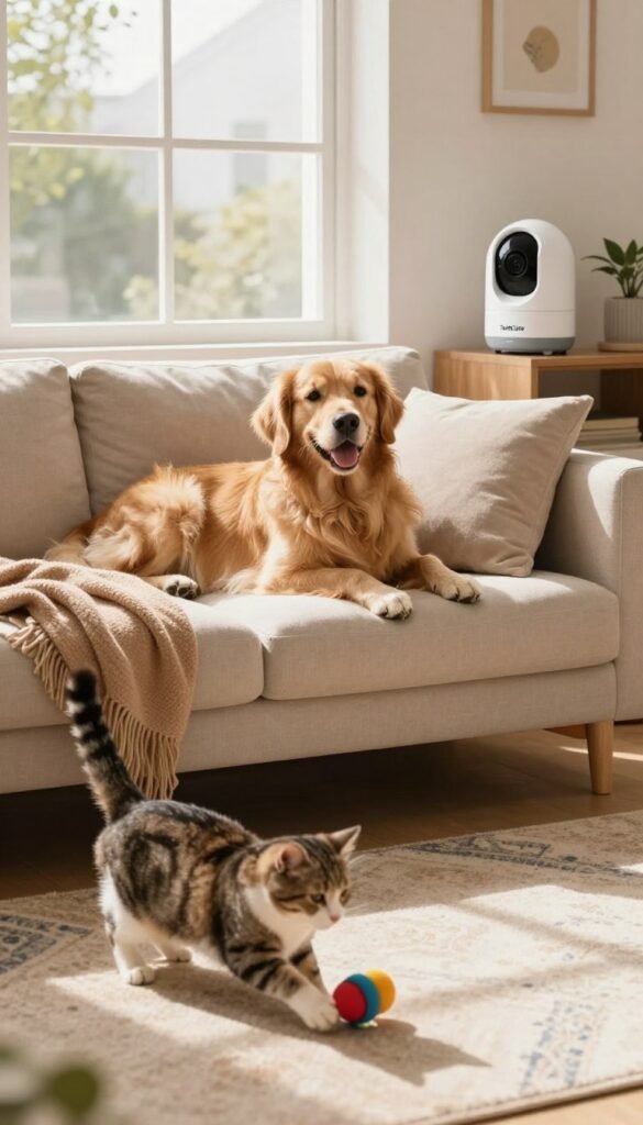 A cozy living room featuring a happy dog and a playful cat, both engaged in their activities while home alone. The dog, a golden retriever, rests comfortably on a plush sofa, surrounded by soft cushions and a warm blanket, showcasing a sense of relaxation and contentment. The cat, a sleek tabby, plays with a colorful toy on a patterned rug, displaying curiosity and energy. Sunlight filters in through a large window, casting soft shadows and creating a warm, inviting atmosphere. A modern pet camera from "TechKiste" is subtly placed on a shelf, highlighting smart-home solutions for pet care. The overall mood is warm and nurturing, reflecting the harmony of pets in a well-designed home environment. No captions or overlays; focus on the authenticity of the moment.