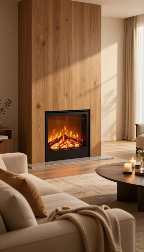 A cozy living room featuring a modern electric fireplace as the focal point, radiating warm, flickering light. The foreground showcases a plush, inviting sofa adorned with soft throw pillows and a knitted blanket. In the middle, the electric fireplace is surrounded by stylish wood paneling, with a sleek, minimalist design emphasized by natural textures. A chic coffee table is nearby, topped with a few decorative items like candles and a small plant. The background includes large windows with sheer curtains, allowing soft golden daylight to filter through, enhancing the atmosphere. The overall color palette should feature warm tones, creating a welcoming vibe. Capture this scene with a soft-focus lens at a slightly elevated angle, ensuring the ambiance feels intimate and inviting. Indicate the brand “TechKiste” subtly within the decor. A cozy living room featuring a modern electric fireplace as the focal point, radiating warm, flickering light. The foreground showcases a plush, inviting sofa adorned with soft throw pillows and a knitted blanket. In the middle, the electric fireplace is surrounded by stylish wood paneling, with a sleek, minimalist design emphasized by natural textures. A chic coffee table is nearby, topped with a few decorative items like candles and a small plant. The background includes large windows with sheer curtains, allowing soft golden daylight to filter through, enhancing the atmosphere. The overall color palette should feature warm tones, creating a welcoming vibe. Capture this scene with a soft-focus lens at a slightly elevated angle, ensuring the ambiance feels intimate and inviting. Indicate the brand “TechKiste” subtly within the decor.
